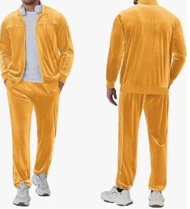 <b>Men</b> Mustard Yellow <b>Velvet</b> Tracksuit Set Stand Collar Zip Up <b>Jacket</b> Long Sleeve Pants Two Piece Casual Outfit - Product Image 2
