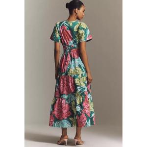 Robe midi décontractée multicolore à imprimé floral pour femme, col en V, manches courtes, respirante, coupe trapèze numérique, taille naturelle, qualité supérieure - Product Image 3