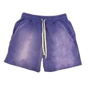 2024 été unisexe personnalisé Baggy ourlet brut bord coupé lavage à l'acide Shorts Vintage français éponge coton solide motif entraînement gym Shorts - Product Image 3
