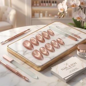 เล็บปลอมสำเร็จรูป Lunanail แบบสั้น สไตล์ฝรั่งเศส ทรงอัลมอนด์ ปิดเต็มเล็บ ดีไซน์ลูกปัดแก้ว สำหรับติดบนนิ้ว - Product Image 1
