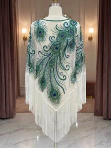 High-End <b>Black</b> Mesh Gold Beaded <b>Cape</b> Custom Hand-Stitched Tassel <b>Poncho</b> for Stage Performance & Runway Fashion - Product Image 2