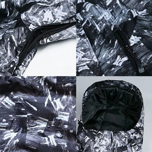 <b>Men</b> Waterproof Ski & Snowboarding Jacket <b>Black</b> Grey White Abstract Print Hooded Snow Coat Powder Skirt Insulated Zipper Closure - Product Image 4