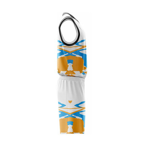 Conjunto de Uniforme de Baloncesto Sublimado Personalizado, Cuello en V, Sin Mangas, Absorbente de Humedad, Jersey y Pantalones Cortos Unisex para Equipo, Blanco, Azul y Dorado - Product Image 5