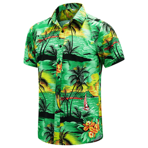 Chemise hawaïenne à manches courtes pour homme, verte, à imprimé palmiers tropicaux, boutonnée, respirante, en popeline de polyester, pour les vacances d'été - Product Image 3