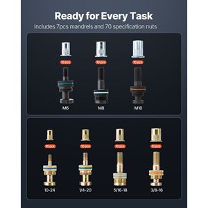 Kit di Utensili per Rivetti a Due Mani da 14 Pollici con 7 Mandrini e 70 Dadi, Misure Metriche e SAE M6 M8 M10 10-24 1/ con Rivetti a Dado - Product Image 2