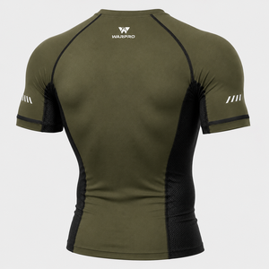 Warpro Men's Olive Green <b>Compression</b> Rash Guard Short Sleeve Quick Dry Workout <b>Shirt</b> with Mesh Panels and Logo Front - Product Image 4