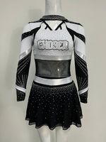 Uniforme de cheerleading personnalisé 2026 noir et blanc avec strass, manches longues, respirant, confortable, haute qualité, service OEM