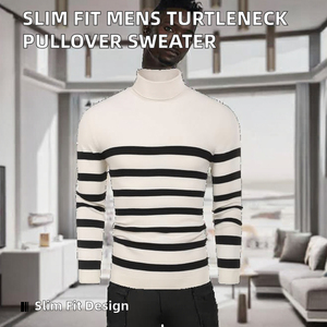 Pull à col roulé rayé légèrement extensible pour homme, manches longues, vêtements décontractés d'hiver, haute qualité, personnalisable - Product Image 6