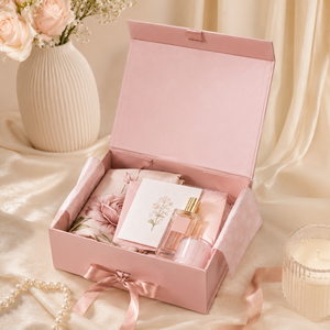 Boîte cadeau magnétique rose avec nœud en satin pour ensemble de cosmétiques et de soins de la peau, emballage personnalisé avec logo - Product Image 2