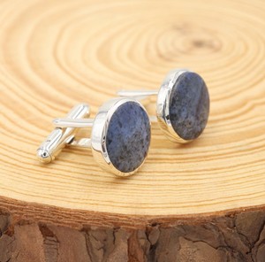 Boutons de manchette en Dumortierite pour hommes, en argent sterling 925, pierres précieuses de luxe, accessoires formels pour mariage et fête, cadeau pour papa - Product Image 2