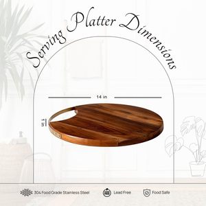 Plateau de service en bois avec poignée dorée |   Plateau en bois de teck de 14 pouces de diamètre pour le thé, les collations et la cuisine - Product Image 5