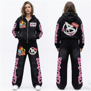 Conjunto Deportivo Personalizado Y2K con Parches Bordados Lavados al Ácido, Sudadera con Capucha y Pantalones Anchos de Estilo Urbano Hip Hop para Hombre - Product Image 6