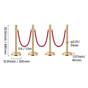 Set di 4 Barriere di Controllo Folla con Corde in Velluto e Pali in Acciaio Inox, 3 Pali Rossi in Velluto, Supporti per Striscioni a G con Pali - Product Image 2