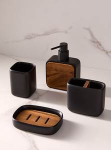 Ensemble de salle de bain minimaliste quatre pièces en bois noir : distributeur de savon, porte-brosse à dents, gobelet, porte-savon rectangulaire, facile à nettoyer, décoration de salle de bain - Product Image 1
