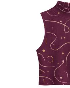 เสื้อครอปแขนกุดคอสูงสีแดงไวน์แบบมีริ้ว แต่งลายเส้นนามธรรม ทรงเข้ารูป ยืดหยุ่นได้ แฟชั่นสำหรับผู้หญิง - Product Image 2