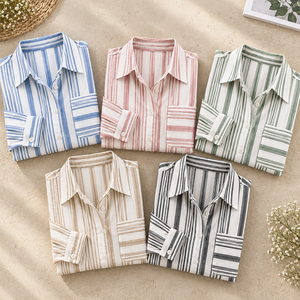 Camisa de Mujer con Botones Geométricos, Manga Larga, Corte Regular, Popelina de Algodón, Blusa Casual de Verano, Blanca y Azul, de Secado Rápido y Lavable - Product Image 6