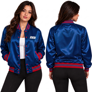 Veste en satin pour femme, bleu roi et rouge, à biais rouge, avec boutons-pression écarlates, deux tons, style veste de sport, manteau soyeux, direct usine, OEM, vente en gros - Product Image 1