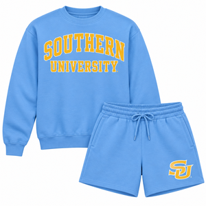 Conjunto de Sudadera y Pantalones Cortos de la Universidad del Sur, Personalizado HBCU, Azul y Dorado, Estilo Universitario, Cuello Redondo, Felpa, Dos Piezas, Venta al Por Mayor - Product Image 1