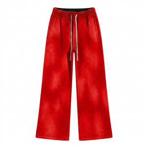 Pantalon de survêtement large en molleton pour homme, délavé à l'acide, rouge uni, taille élastique avec cordon de serrage, décontracté, en polyester tricoté respirant - Product Image 1