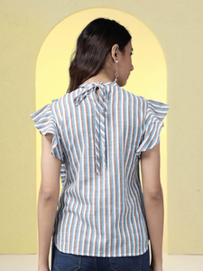 Haut pour femme en mélange de coton multicolore à rayures, coupe classique, avec manches évasées et col mandarin, conçu pour un style décontracté mondial - Product Image 2