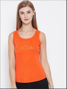 Débardeur orange à col rond pour femme, couleur unie, respirant, tricoté, vêtement de sport, logo imprimé par transfert thermique sur le devant, style décontracté - Product Image 4