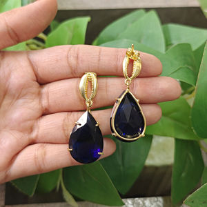 Boucles d'oreilles en gros, forme poire, en quartz bleu iolite, plaqué or 18 carats, avec coquillages cauris, pour femmes, bijoux de mode - Product Image 6