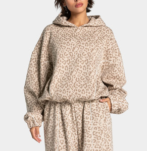 Custom Leopard Print Oversized Contrast Pipping Women <b>Tracksuit</b> Beige Leopard Pullover Contrast Hoodie & Jogger For Women's - Product Image 6