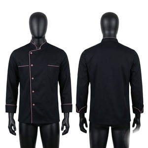 Uniforme de Chef Premium de Polialgodón de 240 GSM, Chaqueta Negra de Manga Larga con Ribete Rosa en Contraste, Logotipo Personalizado - Product Image 3