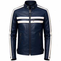 Herrenjacke aus echtem Leder in Marineblau mit individuellem Logo, weißen Rennstreifen, Retro-Motorrad-Stil, schmal geschnitten, Bikerjacke.