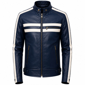 Veste de motard en cuir véritable bleu marine pour homme avec logo personnalisé, bandes de course blanches, style rétro, coupe ajustée - Product Image 1