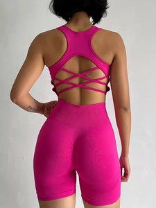 Fashionable Pink Ribbed Racerback Crop Top and Scrunch Butt Biker Shorts <b>Set</b> for Ladies Perfect Workout <b>Yoga</b> Running Fitness - Product Image 2