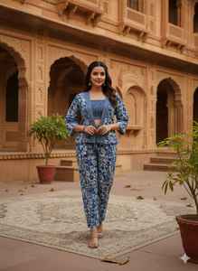 Ensemble trois pièces imprimé numérique bleu indigo, veste, pantalon, pour femmes, été, style bohème, coordonné, ethnique indien, 100% coton respirant - Product Image 5