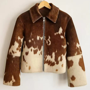 Veste en fausse fourrure pour femme, motif cuir de vache, col rabattable, fermeture éclair, longueur courte, vêtement d'extérieur décontracté chaud pour l'hiver - Product Image 5