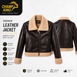Veste en cuir véritable pour homme CHAMP KING, doublure en sherpa, fermeture éclair, style moto, chaude pour l'hiver - Product Image 1