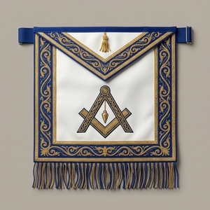 Custom <b>White</b> Masonic <b>Apron</b> Blue Trim Gold Embroidered Square Compasses Symbol with Fringe Tassel - Product Image 1