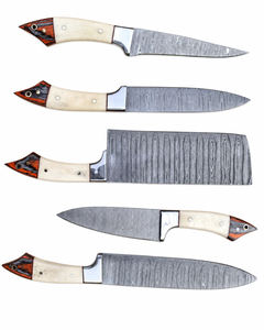 LEGACY BLADES Juego de Cuchillos de Chef de Acero de Damasco Hechos a Mano, 5 Piezas, Mango de Hueso, 67 Capas, Hoja Recta Pulida, Ambidiestro - Product Image 1