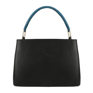 Bolso de Mano Clásico de Cuero Genuino Negro con Asa Azul, Bolso Tote de Uso Diario para Mujer, Cierre de Solapa, Textura Saffiano - Product Image 1