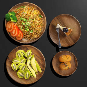 Assiettes à riz en bois naturel, plateau de service, ensemble de 4, bois non fini, peint à la main, non toxique, assiettes à dîner en bois modernes et luxueuses - Product Image 1