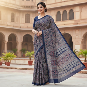 Sari en crêpe de satin imprimé Ajrakh bleu pour femmes |   Collection de saris traditionnels légers pour mariage et fêtes, vêtements ethniques de créateurs - Product Image 1