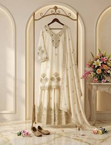 Conjunto de Seda Satén Natural Bordado en Crema de Secado Rápido, Estilo Indio-Pakistaní, con Blusa de Manga Larga, Pantalón y Dupatta, para Bodas y Fiestas, Salwar Kameez - Product Image 2