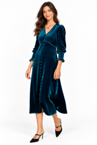 Vestido midi de terciopelo verde azulado para mujer, cuello en V, mangas largas abullonadas, vestido con botones en la parte delantera y corte en A - Product Image 3