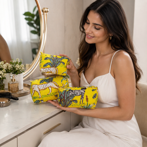 Handmade Yellow Leopard Print 3-Piece Quilted Durable Zipper Closure Cotton Cosmetic <b>Pouch</b> Set Makeup Bags Women <b>Travel</b> for - Product Image 3