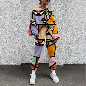 Women 2 Piece Sets <b>Pullovers</b> Clothing Long Sleeve Abstract Print Female Tops and Elastic Waist Pants Casual Streetwear Tracksuit - Product Image 3