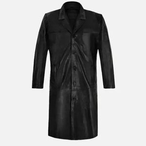 Men's <b>Black</b> Genuine Leather Long Trench Coat Notched Lapel Single Breasted Regular Sleeve - Product Image 1