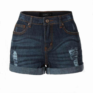 Pantalones cortos de mezclilla rasgados de cintura alta para hombre Le3no, estilo casual con botones, 100% algodón tejido, pantalones cortos de mezclilla para hombre - Product Image 1