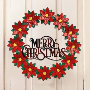 Festive Metal Merry Christmas Wreath Featuring Red Poinsettia Flowers and Green Leaves, Vibrant Holiday <b>Front</b> <b>Door</b> <b>Decoration</b> - Product Image 1
