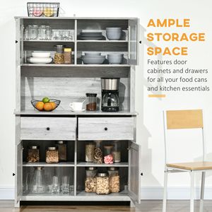 Armoire de rangement moderne gris cendre à 4 étagères avec portes vitrées 63,5 po et comptoir ouvert pour micro-ondes - Product Image 4
