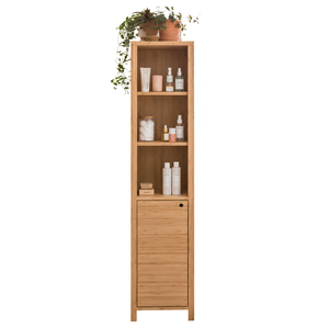 Elegant Slatted Teak Wood Bathroom Cabinet Tall Narrow Towel Shelf with Door - Product Image 1
