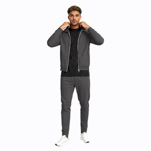 Ensemble de survêtement à capuche pour homme, couleur unie, fermeture éclair intégrale, décontracté, respirant, en polyester, coupe classique, poches latérales, pour l'automne - Product Image 6