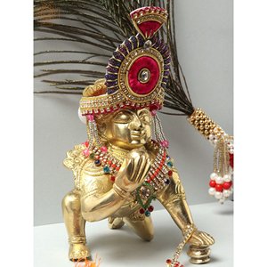 Statue en laiton de 5 pouces fabriquée à la main de Baal Gopala (Krishna) Sculpture rampante - Product Image 2